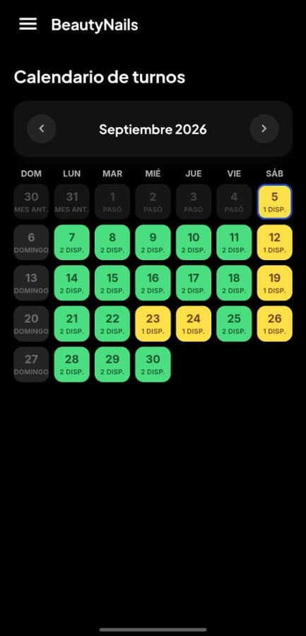 Calendario de turnos en BeautyNails